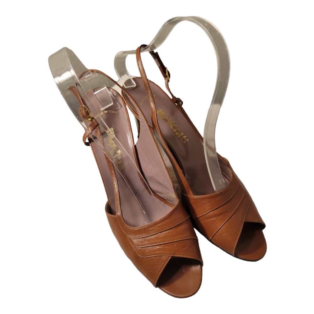 Maserati Brown Leather Sandal Slingback Heels Formal Dress Shoes Womens 8.5B